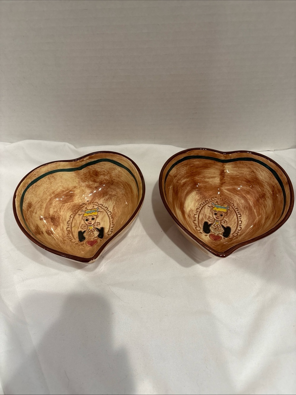 Set Of 2 Ceramic pottery heart bowl, Victorian lady, 6 inches wide